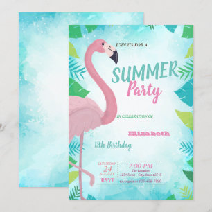Convites Folha de Palmeira, Flamingo Rosa, Festa de Anivers