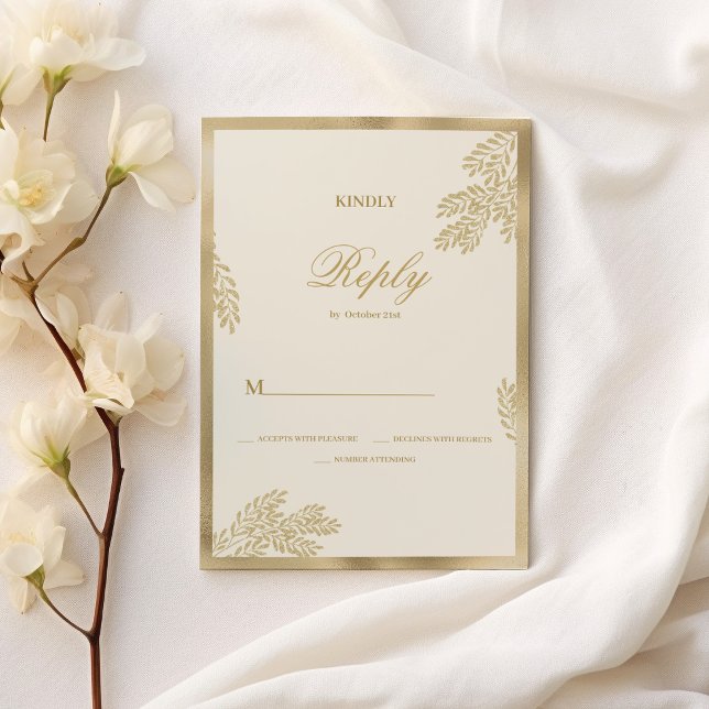 Convites Folha floral de Casamento de Casamento RSVP de Our (Luxury ivory gold glitter leaf floral Wedding RSVP)