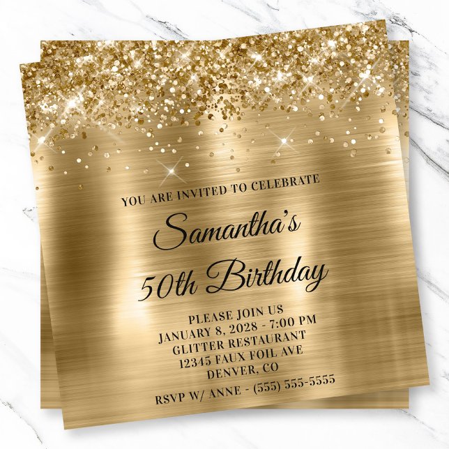 Convites Folha Metálica Dourada com Glittery Veja 50º anive (Glittery Gold Metallic Foil Look 50th Birthday Invitation)