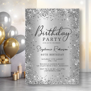 Convites Folha Metálica Glitter Glam Silver 60º Aniversário