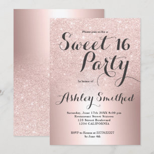 Convites Folha metálica ombre rosa dourada doce 16
