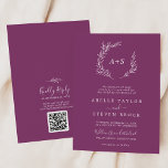 Convites Folha mínima | Berry Monograma Código QR Casamento<br><div class="desc">Este monograma mínimo de amora de folha é perfeito para um casamento de boho. A design apresenta uma simples silhueta verde folha em uma romântica cor violeta de verão com estilo minimalista de jardim boêmico. Salve o papel, incluindo um código QR para seu convidado para ver detalhes, RSVP ou ambos....</div>