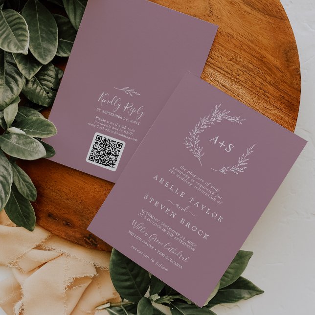 Convites Folha mínima | Mauve Monograma Código QR Casamento (Criador carregado)