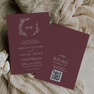 Convites Folha mínima | Monograma de Borgonha Código QR Cas