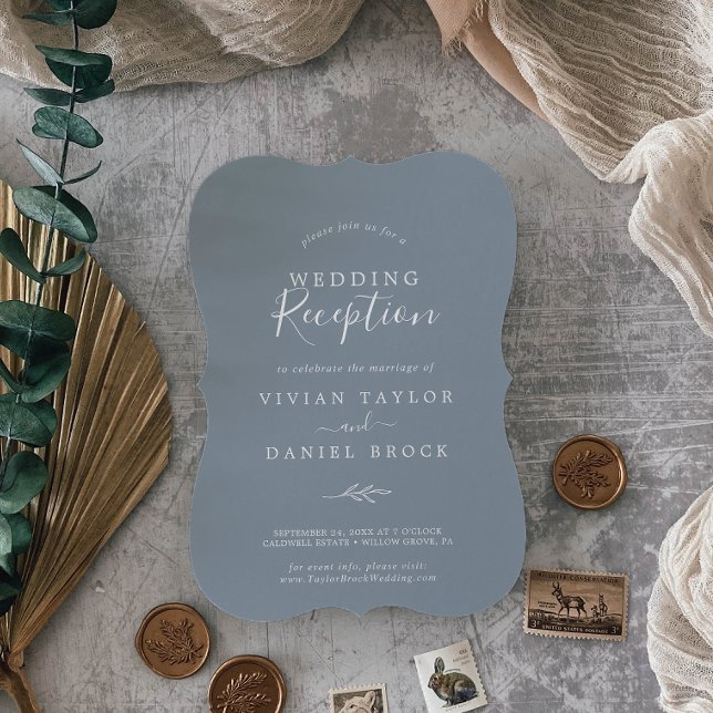 Convites Folha mínima | Recepção de casamento azul e branca (Criador carregado)