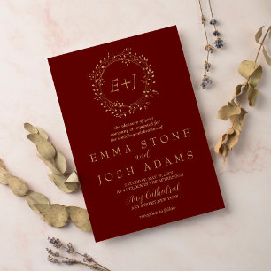 Convites Folha mínima Red Formal Monogramas Casamento