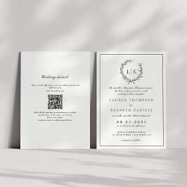Convites Folha Monograma Crest Preto Código QR Casamento
