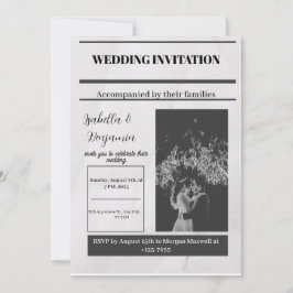 Convites Folha Negra Jornal Simples Vintage Casamento Invit