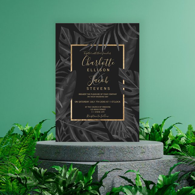 Convites Folha preta tropical, dourada, guião (Criador carregado)