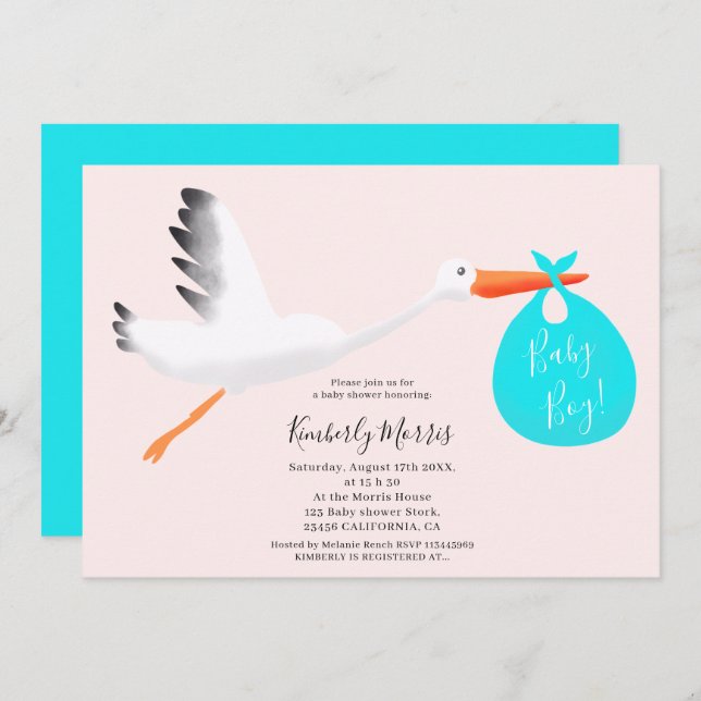 Convites Folha rosa cegonha-rosa ilustração chá bebê menino (Frente/Verso)