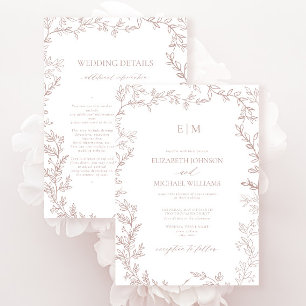 Convites Folha Rosa Empoeirada Elegante Monograma Detalhes