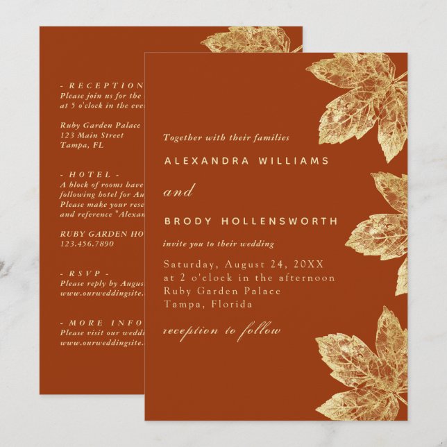 Convites Folha Rústica Laranja E Dourada, Tudo Em Um Casame (Frente/Verso)