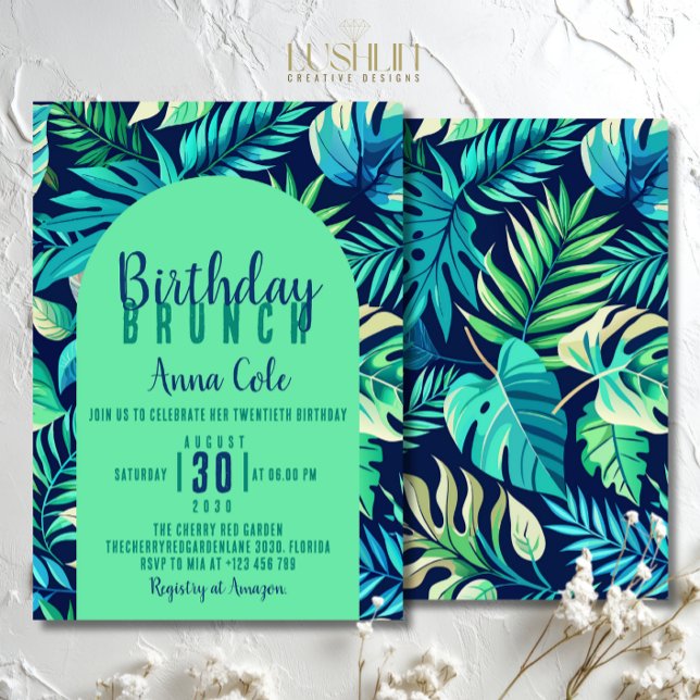 Convites Folha Tropical de Monstera em Verde e Azul Pastel (Criador carregado)