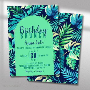Convites Folha Tropical de Monstera em Verde e Azul Pastel