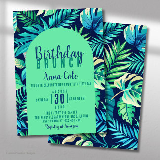 Convites Folha Tropical de Monstera em Verde e Azul Pastel