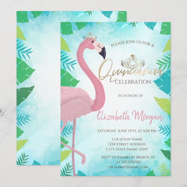 Convites Folha Tropical Flamingo Rosa Verão Quinceañera (Frente/Verso)
