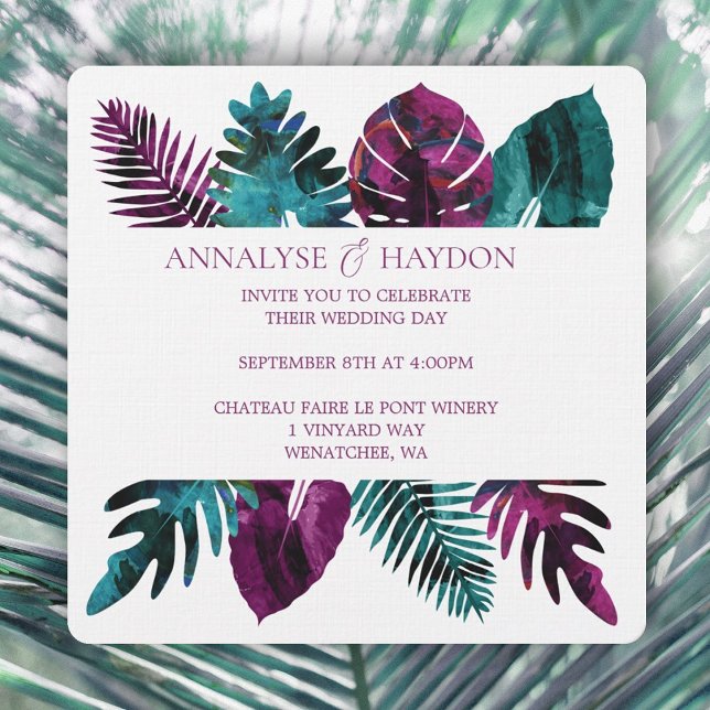 Convites Folha Tropical, Teal, Casamento Rosa Berry Selvage (tropical teal, wild berry pink island leaves wedding invitations, monstera, ferns, palm leaves)