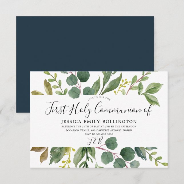 Convites Folha Verde Moderna Primeira Comunhão Sagrada (Frente/Verso)