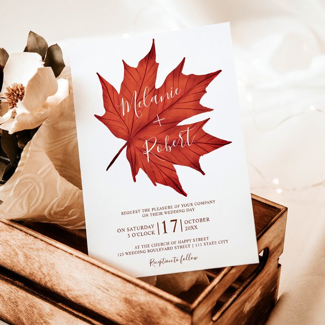 Convites Folha vermelha russa, folha de casamento simples (Rustic red brown maple leaf simple wedding initial invitation)