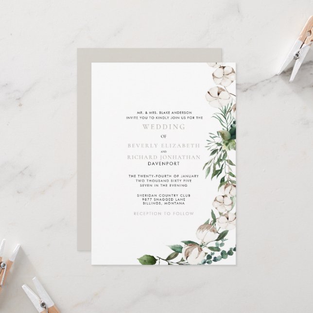 Convites Folhagem & Algodão Casamento Moderno (Frente/Verso In Situ)