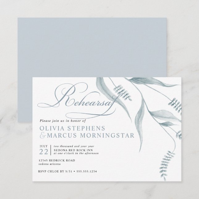 Convites Folhagem Azul Moderna Elegante (Frente/Verso)