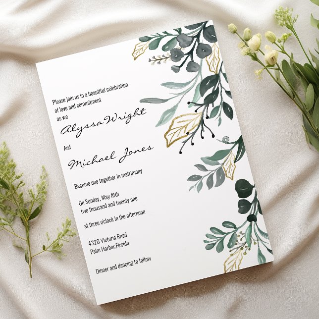 Convites Folhagem botânica de ouro verde-aquoso (Watercolor dark green gold botanic foliage Wedding )