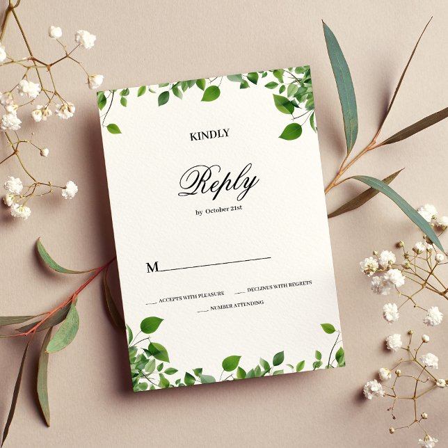 Convites Folhagem botânica simples Casamento RSVP (Botanical greenery foliage simple Wedding RSVP)