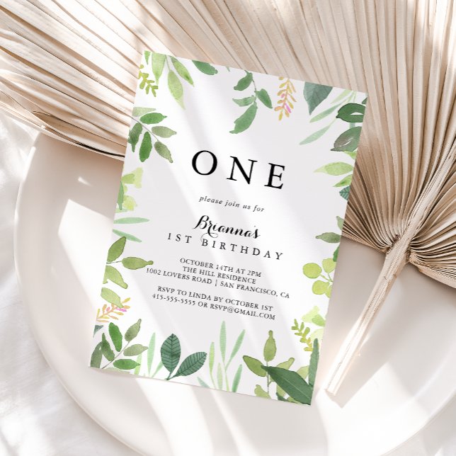 Convites Folhagem Botânica Verde Primeira Festa de aniversá (Criador carregado)