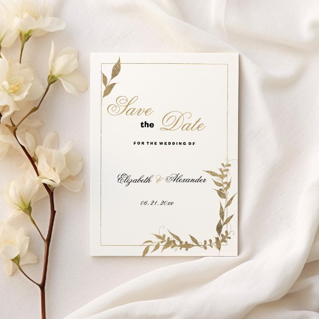 Convites Folhagem branca e dourada legante Salvar a Data (Elegant white and gold foliage Save the Date)