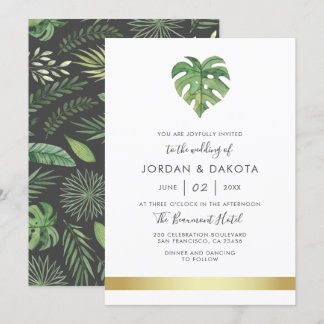 Convites Folhagem de Aquarela Tropical | Casamento Dourado