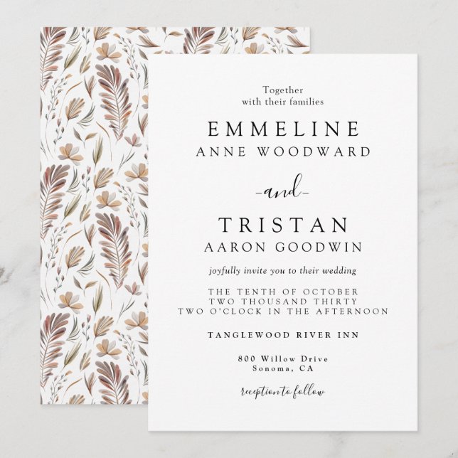Convites Folhagem de Boho Autumn | Casamento Botânico (Frente/Verso)