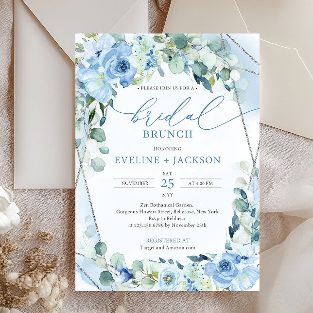 Convites Folhagem de eucalipto azul e prateada (silver and blue flowers eucalyptus bridal brunch invitation digital)