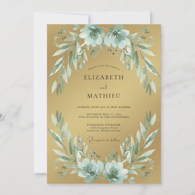 Convites Folhagem de Eucalipto Espuma Dourada para Casament (Frente)