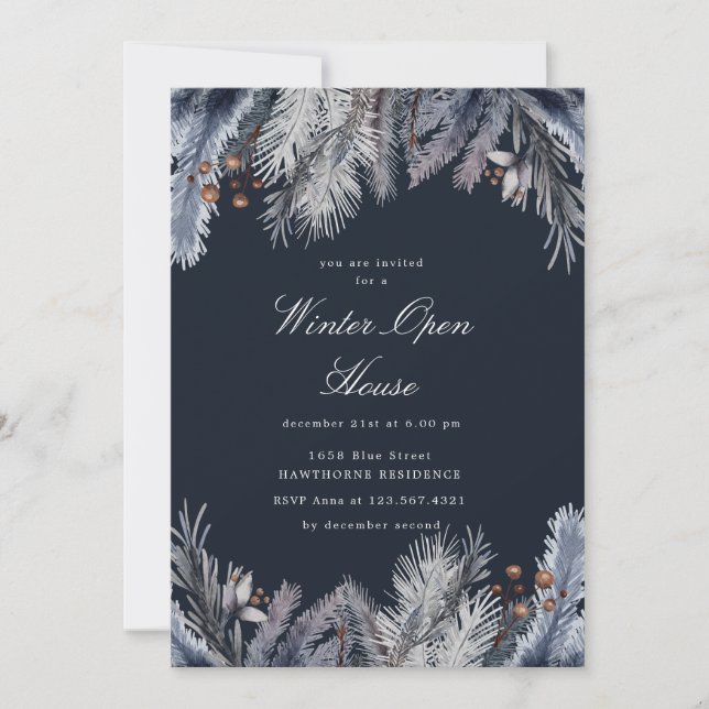 Convites Folhagem de Inverno Azul Casa Aberta de Inverno (Frente)