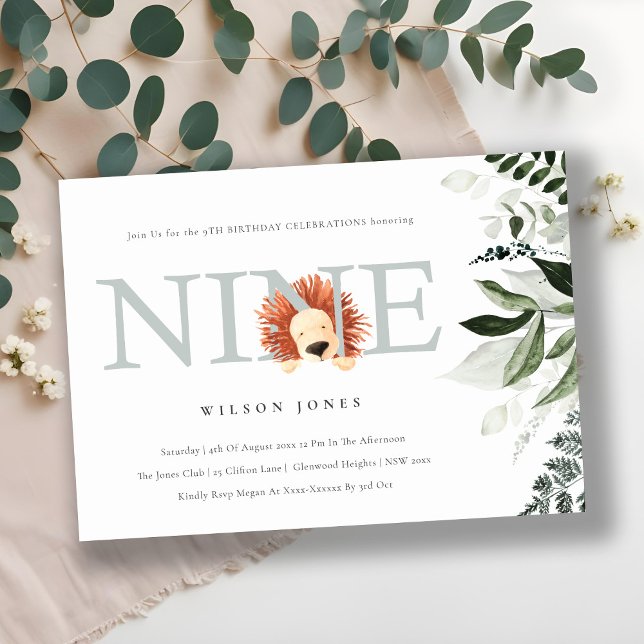 Convites Folhagem de Leão Azul Cuta e Azul 9.º Aniversário (Criador carregado)