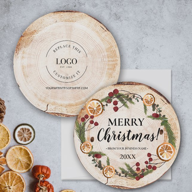Convites Folhagem de Natal russa Logótipo comercial (Unique round corporate rustic holiday card with logo, business name and year.)