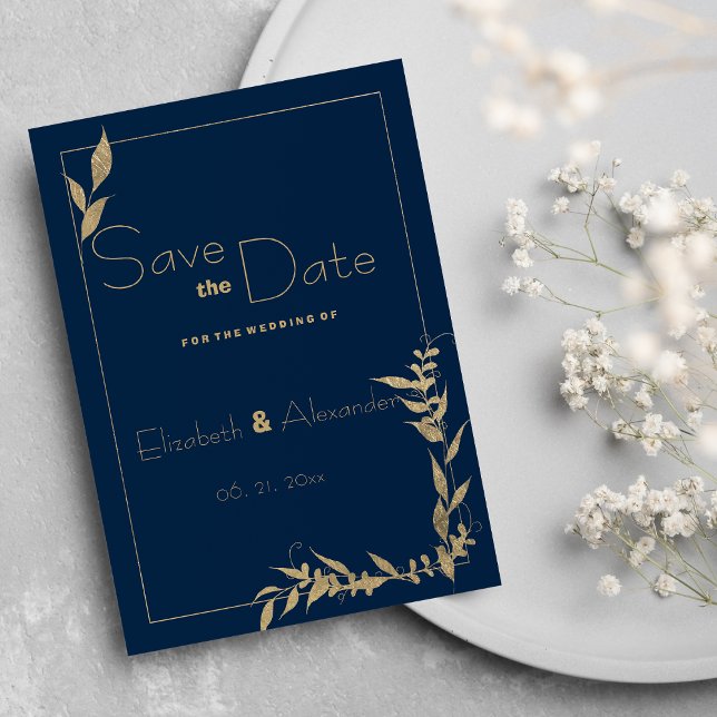 Convites Folhagem de ouro azul de marinho de luxo Salve a d (Luxury navy blue gold foliage Save the Date )