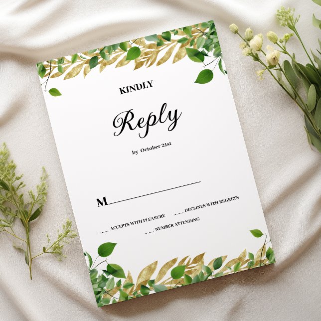 Convites Folhagem de ouro botulínica RSVP (Botanical greenery gold foliage Wedding RSVP)