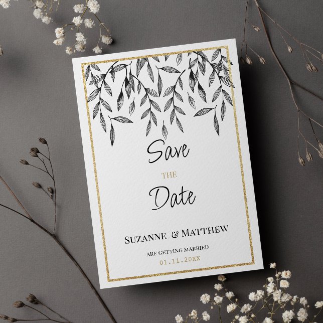 Convites Folhagem de ouro branco preto simples Guardar a Da (Simple black white gold foliage Save the Date )