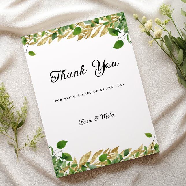Convites Folhagem de ouro de verde-botânico Obrigado (Botanical greenery gold foliage Thank You)