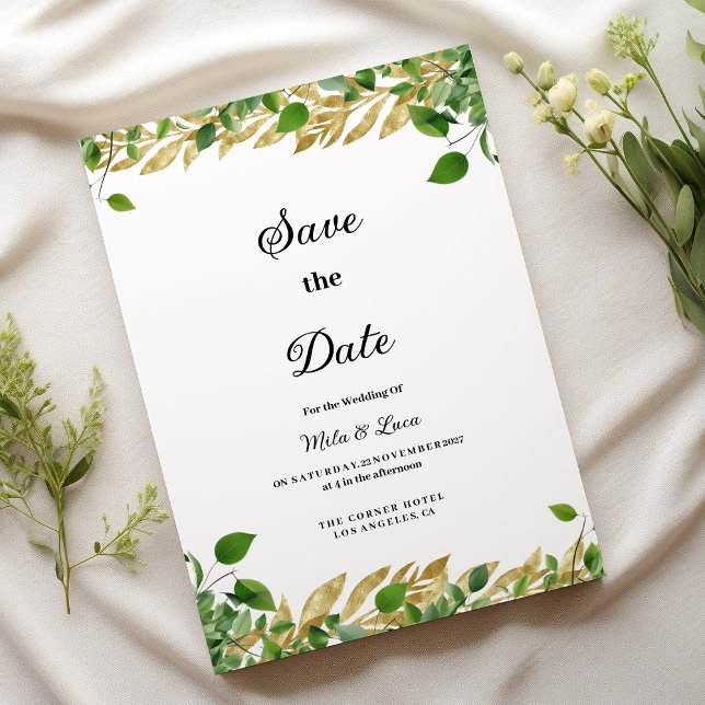 Convites Folhagem de ouro em verde botânico Salvar a Data (Botanical greenery gold foliage Save the Date )