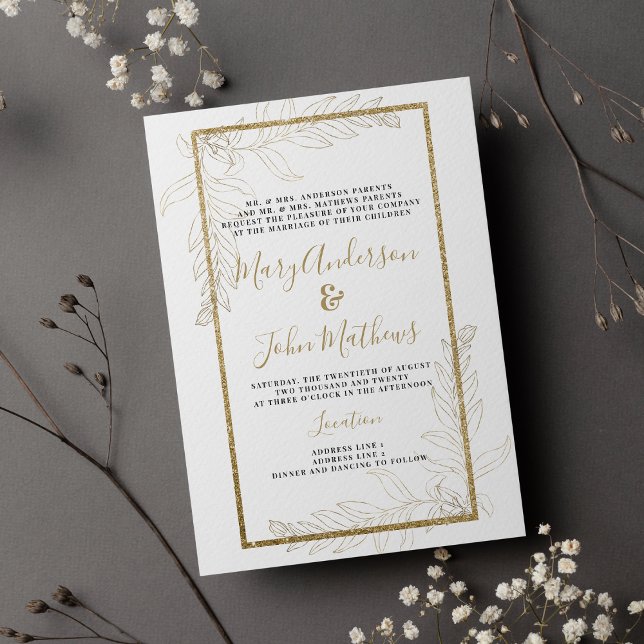Convites Folhagem de ouro para luxo e glitter (Chic luxury gold glitter foliage Wedding )