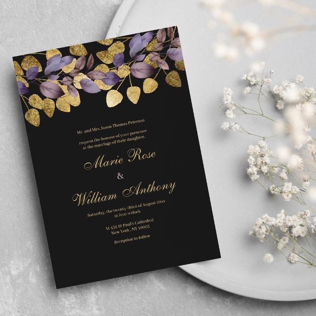 Convites Folhagem de ouro roxo e preto de luxo (Luxury black purple brown gold foliage Wedding )