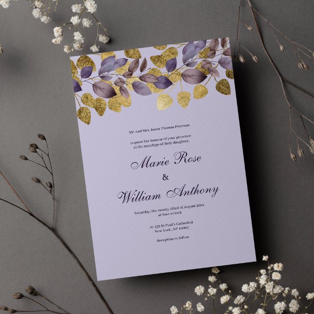 Convites Folhagem de ouro roxo lavanda floral (Lavender purple brown gold foliage floral Wedding Invitation)