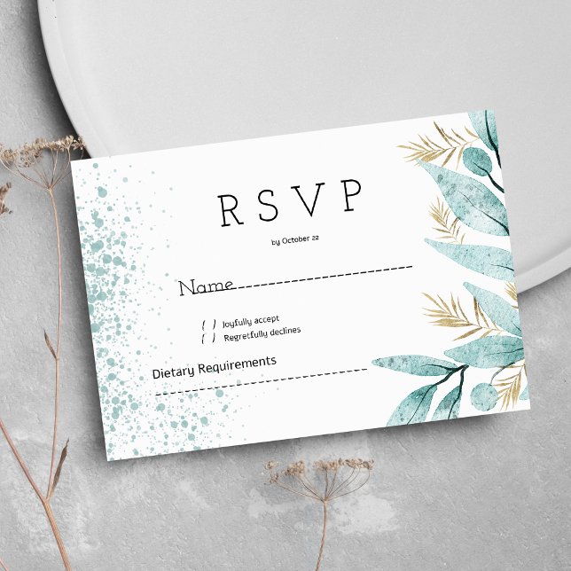 Convites Folhagem de ouro verde da hortelã aquosa RSVP (Watercolor mint green gold foliage RSVP )