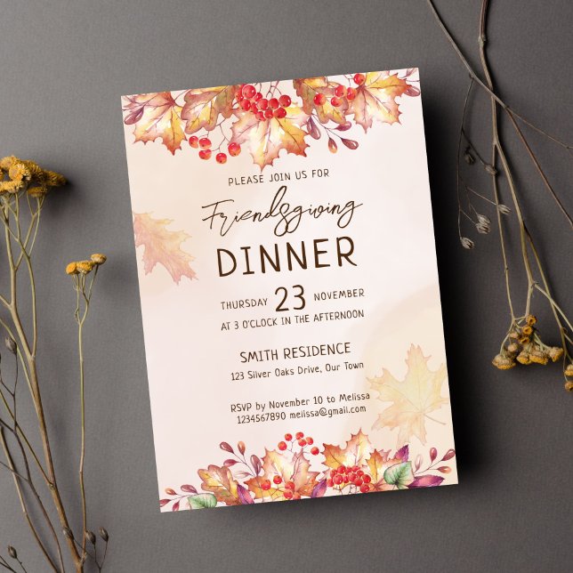 Convites Folhagem de outono de Ação de Graças de Amizade (Freindsgiving thanksgiving dinner party template invitation instant download fall watercolor foliage)