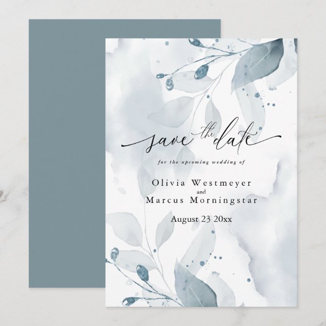 Convites Folhagem de Teal de Aquarela Elegante Salva a Data (Frente/Verso)