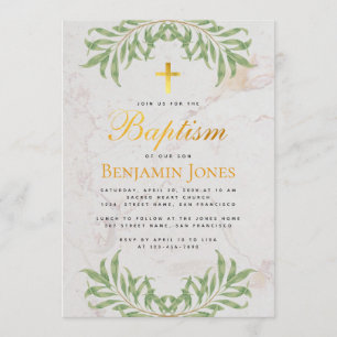 Convites Folhagem do Batismo Cruz Dourada Falsa Caligrafia 