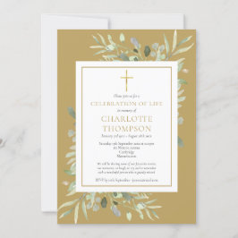 Convites Folhagem Dourada Celebração Cristã da Vida Funeral
