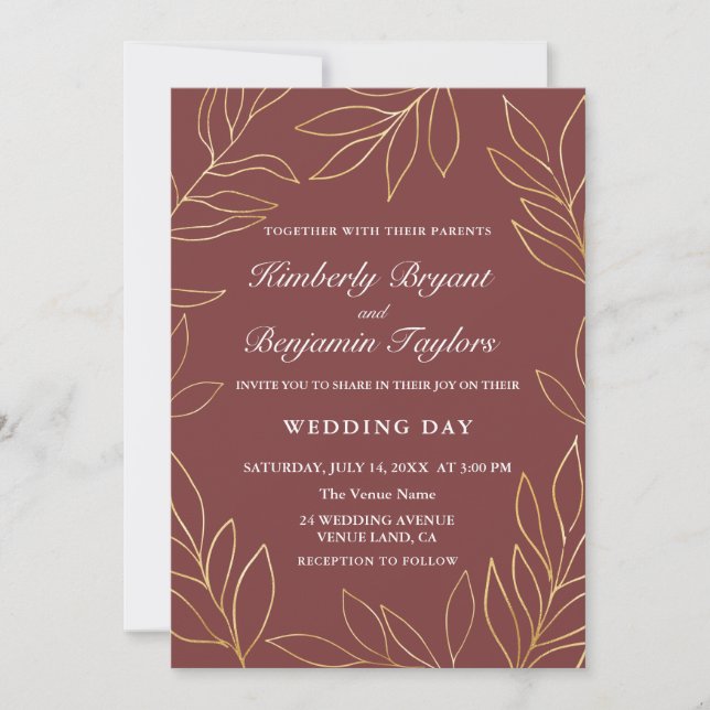 Convites Folhagem Dourada Elegante em Blush. Casamento de l (Frente)